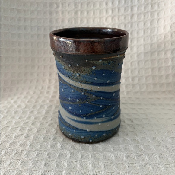 Beautiful Handmade Pottery Mug In Blue, Brown & Gray With Raised Dots And Swirls - Picture 4 of 7